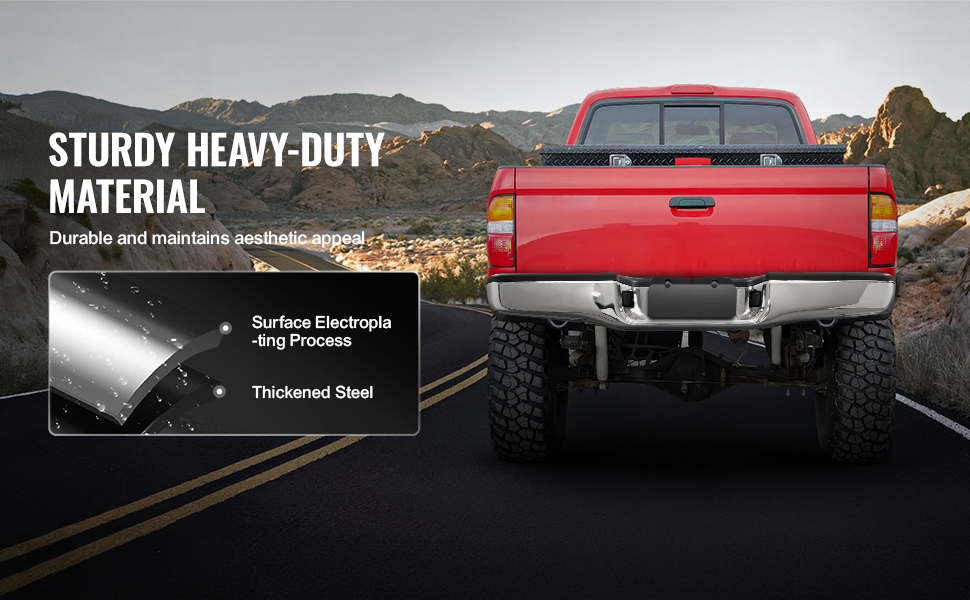 red toyota tacoma with VEVOR rear bumper driving on a scenic road; features thickened steel and surface plating.