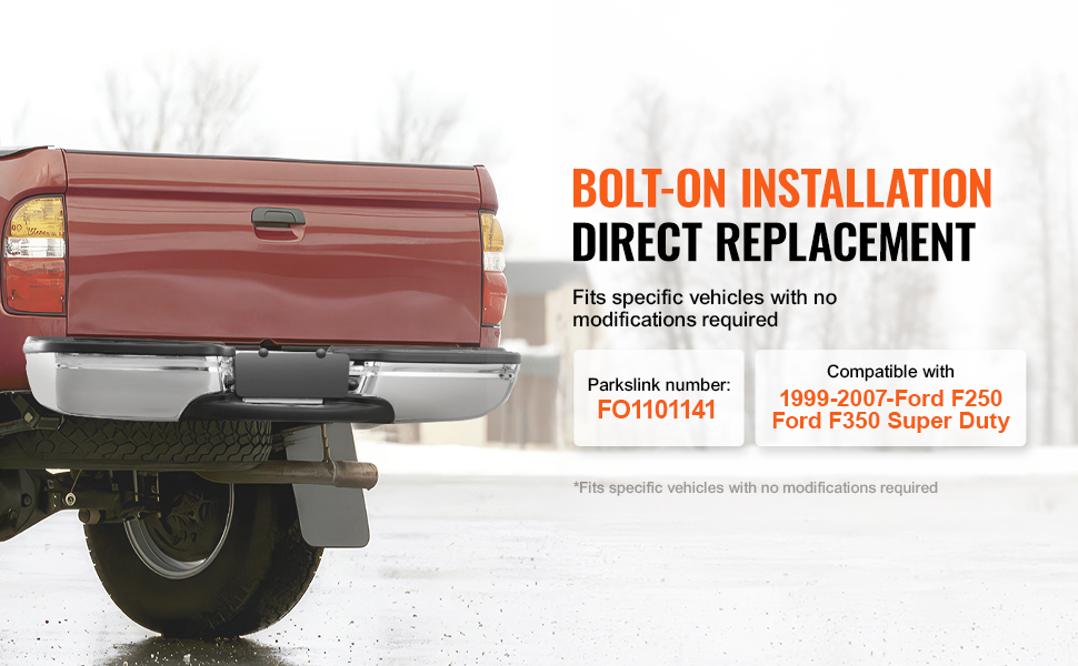 VEVOR rear bumper ford f250, direct replacement for 1999-2007 models; fits without modifications.