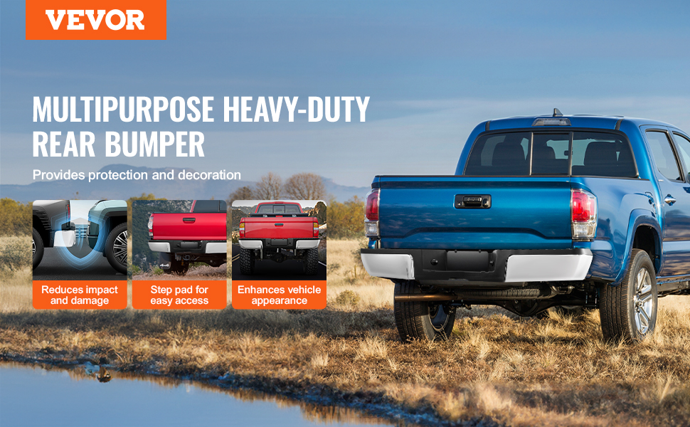 VEVOR rear step bumper on a blue truck, showcasing durability, ease of access, and enhanced appearance.