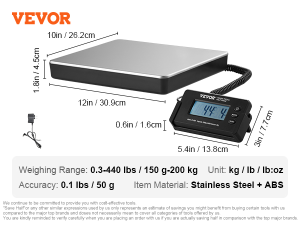 VEVOR digital shipping scale with a stainless steel platform, dimensions, and a digital display.