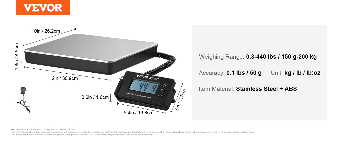 VEVOR digital shipping scale with a stainless steel platform, dimensions, and a digital display.