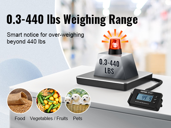 VEVOR digital shipping scale with 0.3-440 lbs range for food, vegetables, fruits, and pets.