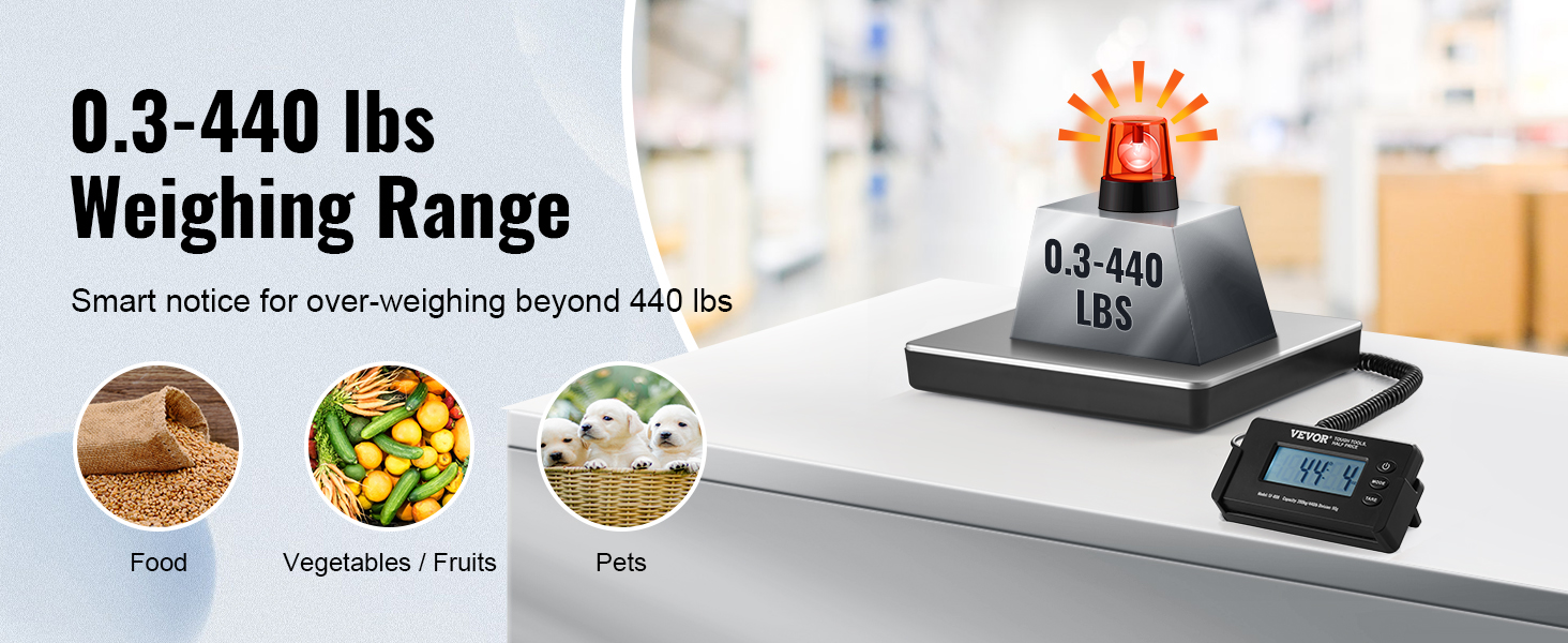 VEVOR digital shipping scale with 0.3-440 lbs range for food, vegetables, fruits, and pets.