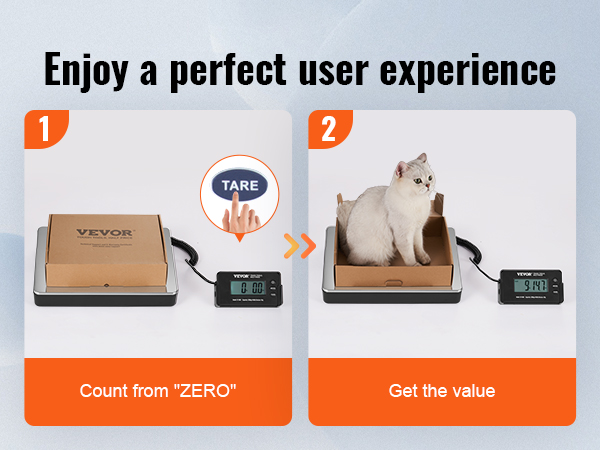 VEVOR digital shipping scale demonstrating tare function with a package and cat showing weight reading.
