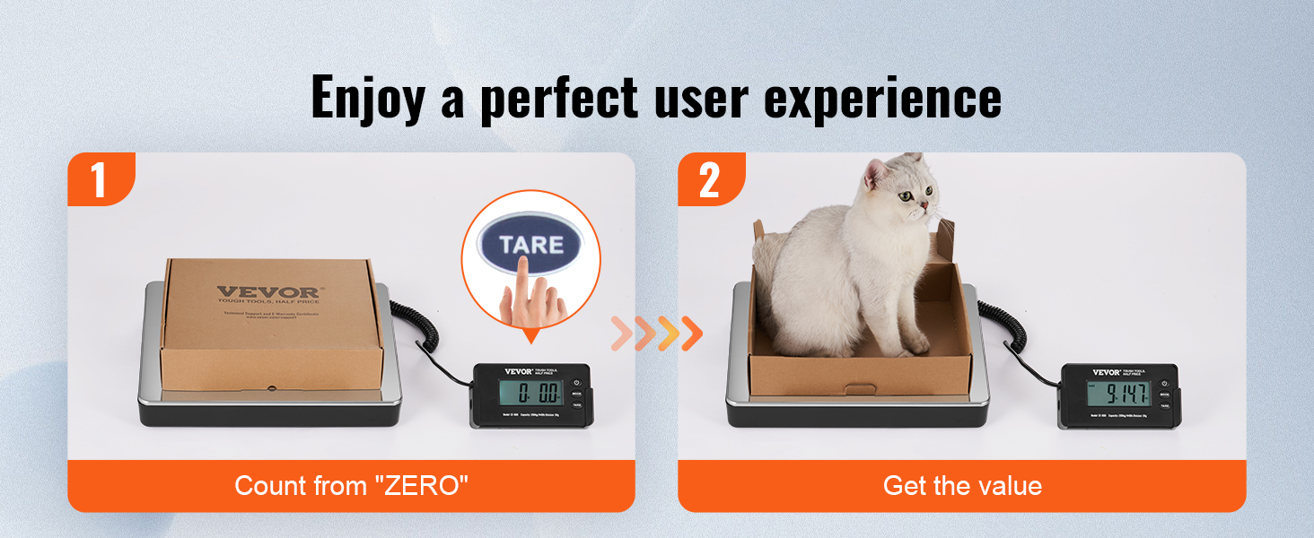 VEVOR digital shipping scale demonstrating tare function with a package and cat showing weight reading.