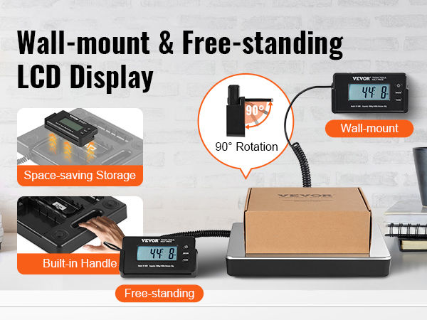 VEVOR digital shipping scale with wall-mount and free-standing lcd display, space-saving storage, and built-in handle.