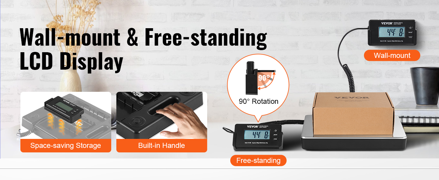 VEVOR digital shipping scale with wall-mount and free-standing lcd display, space-saving storage, and built-in handle.