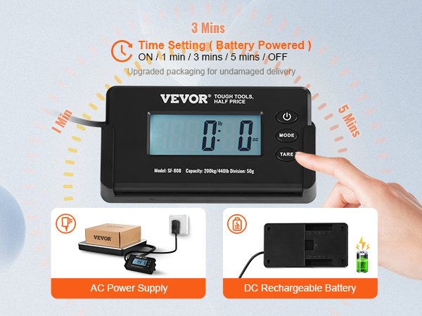 VEVOR digital shipping scale with ac power supply and dc rechargeable battery options.