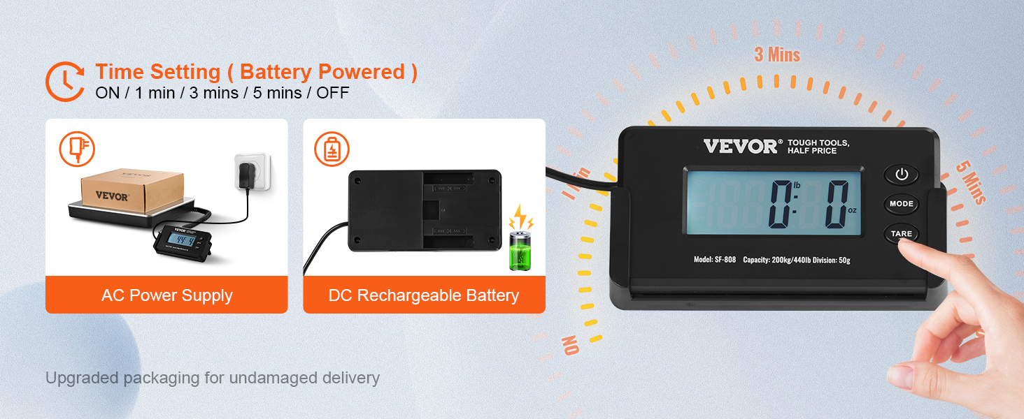 VEVOR digital shipping scale with ac power supply and dc rechargeable battery options.