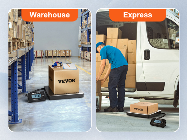 warehouse with shelving and express delivery with worker, both using VEVOR digital shipping scale.