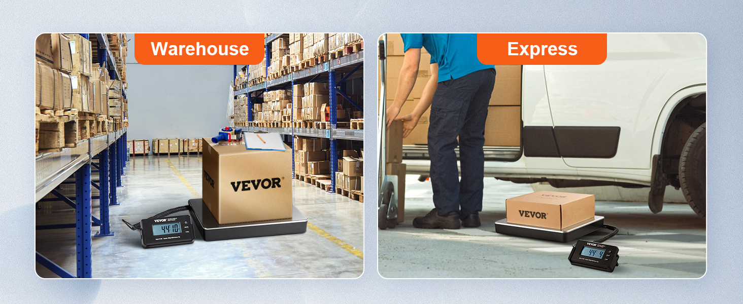 warehouse with shelving and express delivery with worker, both using VEVOR digital shipping scale.