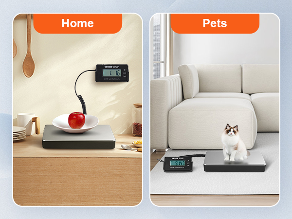 VEVOR digital shipping scale for home use with food and pet weighing in kitchen and living room.