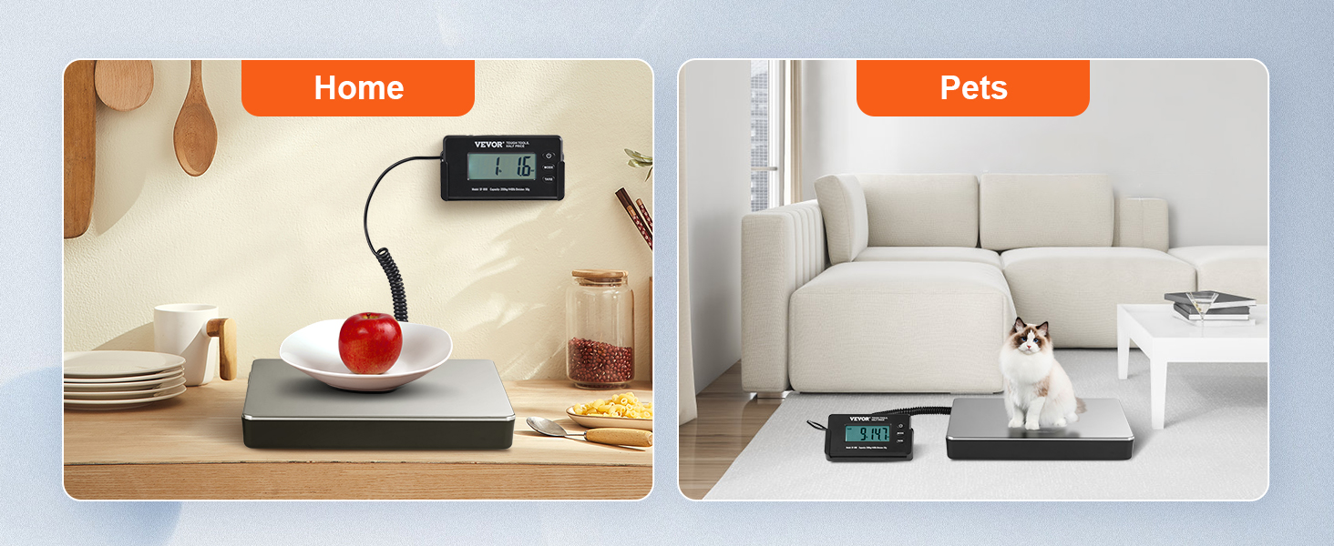 VEVOR digital shipping scale for home use with food and pet weighing in kitchen and living room.