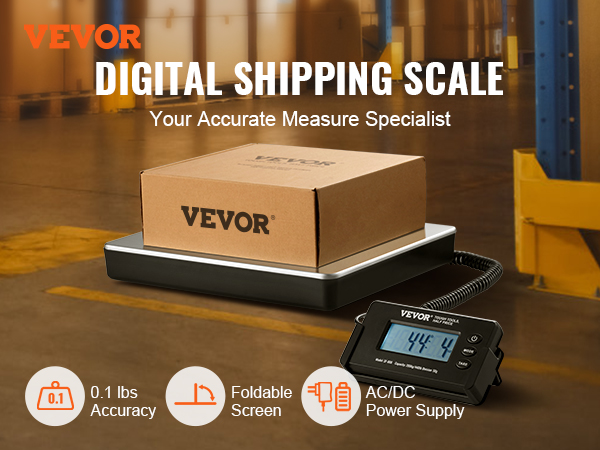 VEVOR digital shipping scale in a warehouse with package, showcasing 0.1 lbs accuracy and foldable screen.
