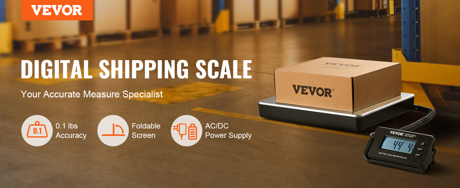 VEVOR digital shipping scale in a warehouse with package, showcasing 0.1 lbs accuracy and foldable screen.