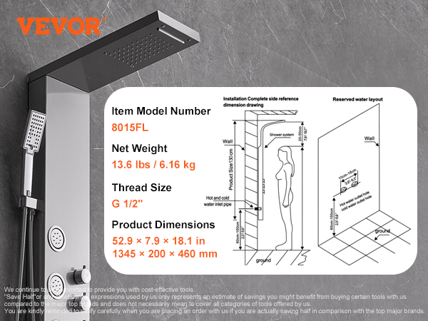 VEVOR shower panel system 8015fl, stainless steel with rainfall head, handheld shower, dimension diagram.