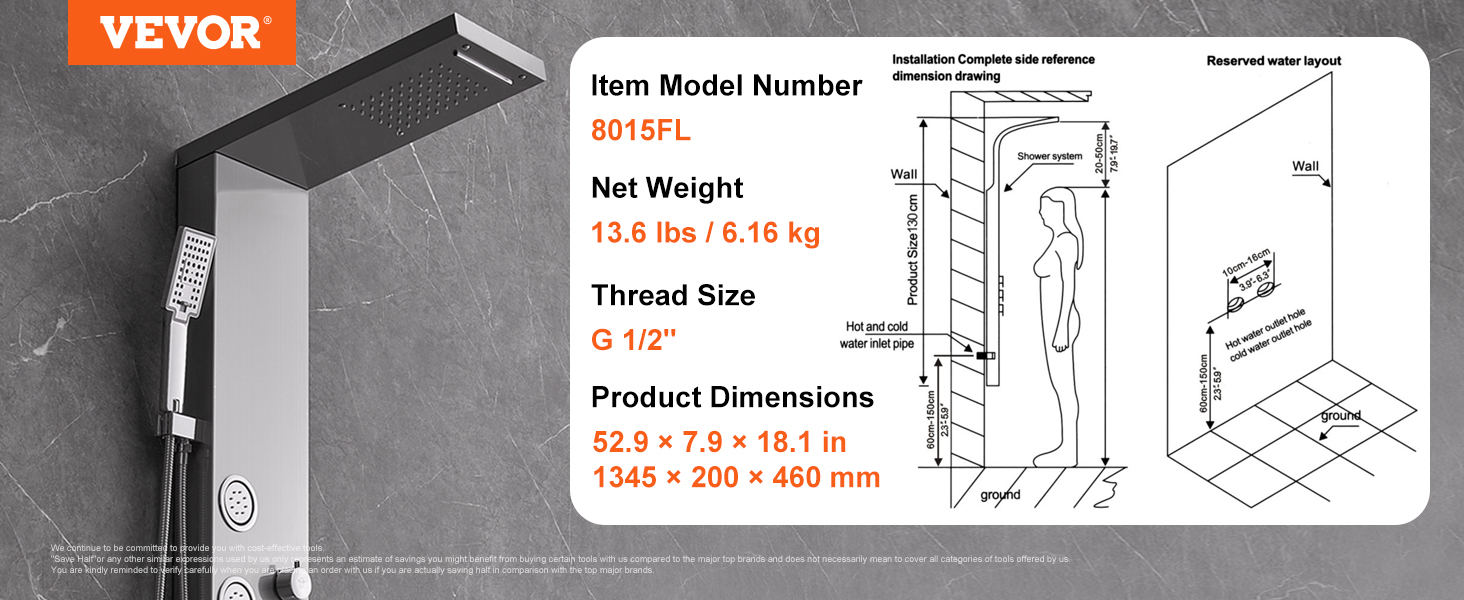 VEVOR shower panel system 8015fl, stainless steel with rainfall head, handheld shower, dimension diagram.