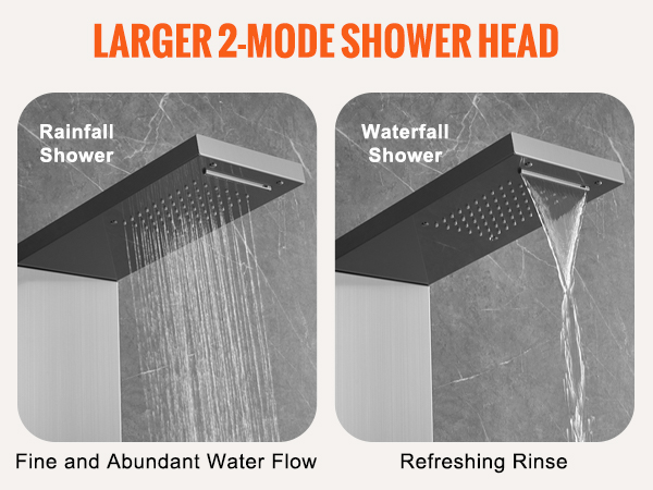 larger 2-mode shower head of VEVOR shower panel system showcasing rainfall and waterfall shower options.
