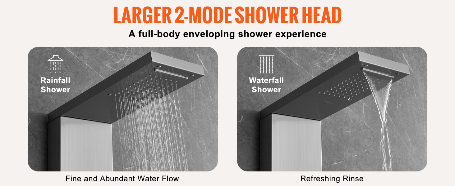 larger 2-mode shower head of VEVOR shower panel system showcasing rainfall and waterfall shower options.