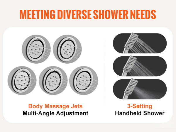 VEVOR shower panel system: multi-angle body jets, 3-setting handheld shower, 1.5m hose for diverse needs.