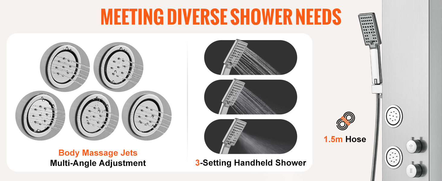 VEVOR shower panel system: multi-angle body jets, 3-setting handheld shower, 1.5m hose for diverse needs.