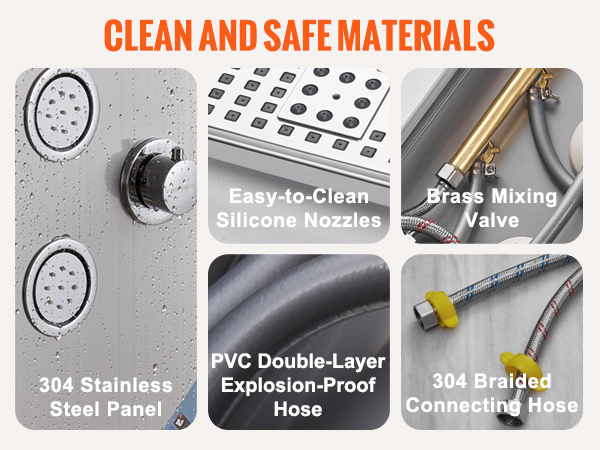 VEVOR shower panel system with 304 stainless steel, silicone nozzles, brass valve, and pvc hose.