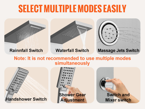 VEVOR shower panel system showcasing rainfall, waterfall, handshower, and massage jets switch modes.