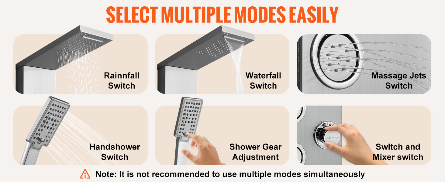 VEVOR shower panel system showcasing rainfall, waterfall, handshower, and massage jets switch modes.