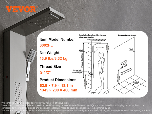VEVOR shower panel system 6002fl with dimensions 52.9 x 7.9 x 18.1 in, weight 13.9 lbs.