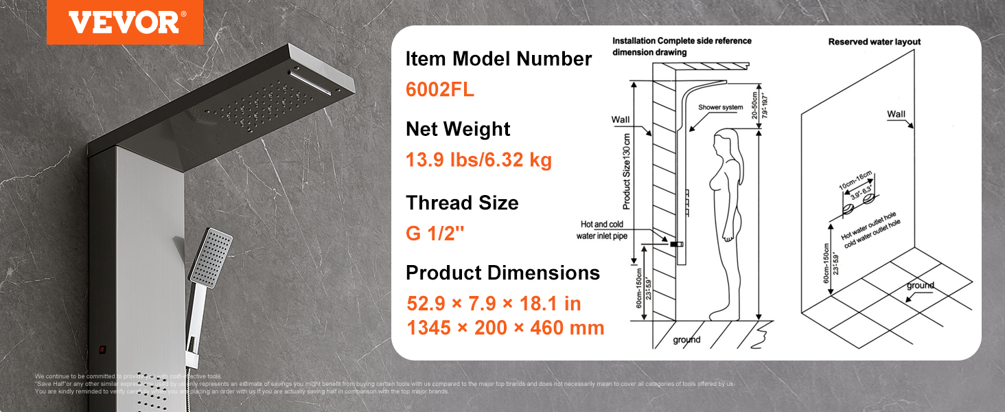 VEVOR shower panel system 6002fl with dimensions 52.9 x 7.9 x 18.1 in, weight 13.9 lbs.