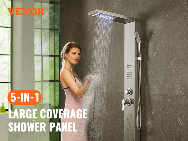 VEVOR shower panel system 5-in-1 large coverage for comfortable showering and stress relief.