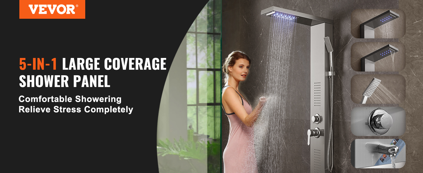 VEVOR shower panel system 5-in-1 large coverage for comfortable showering and stress relief.