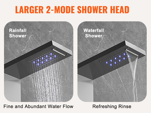 larger 2-mode shower head in VEVOR shower panel system for full-body rainfall and waterfall experiences.