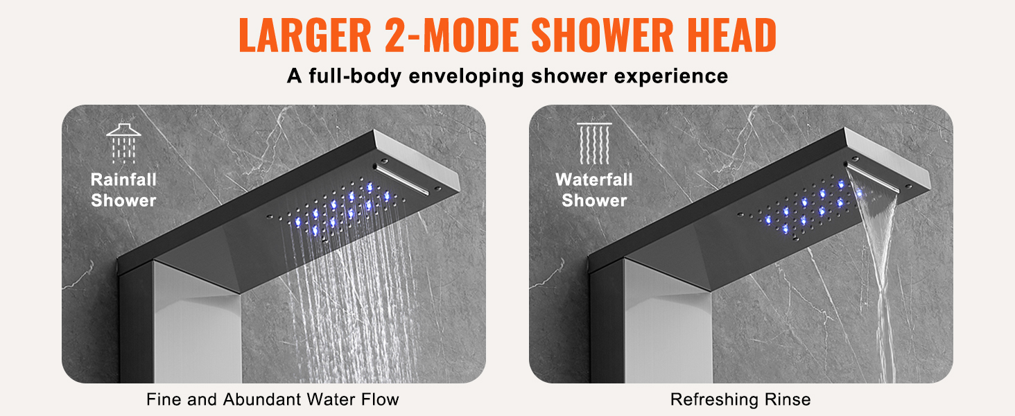 larger 2-mode shower head in VEVOR shower panel system for full-body rainfall and waterfall experiences.