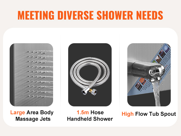 large body massage jets, 1.5m hose handheld shower, high-flow tub spout on VEVOR shower panel system.