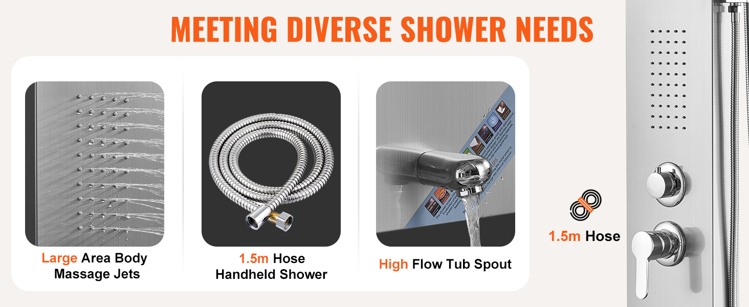 large body massage jets, 1.5m hose handheld shower, high-flow tub spout on VEVOR shower panel system.