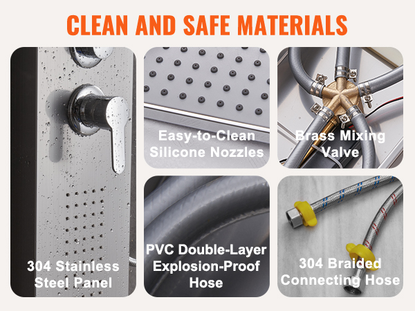 VEVOR shower panel system featuring stainless steel, silicone nozzles, brass valve, and pvc hoses.