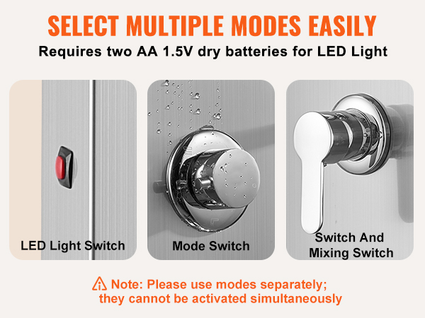 VEVOR shower panel system showcasing led light switch, mode switch, and switch and mixing switch.