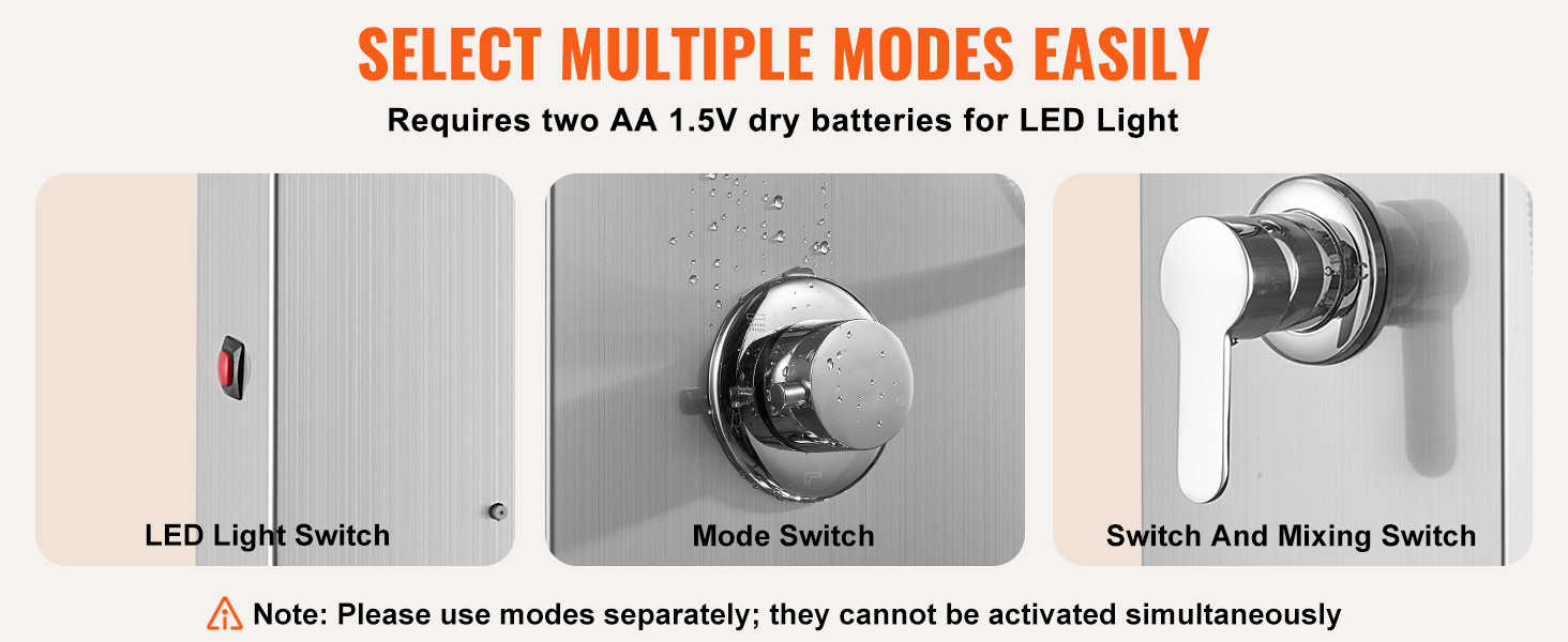 VEVOR shower panel system showcasing led light switch, mode switch, and switch and mixing switch.