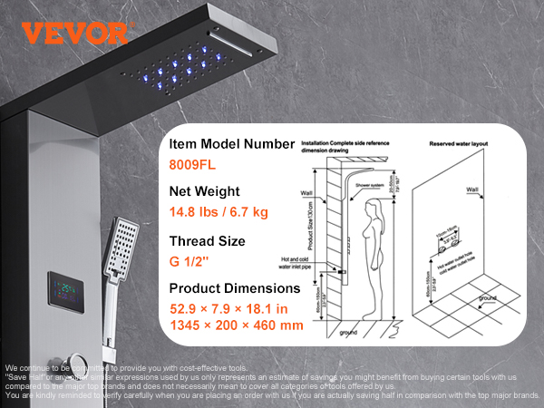 VEVOR shower panel system model 8009fl with led lights, handheld shower, and product dimensions.