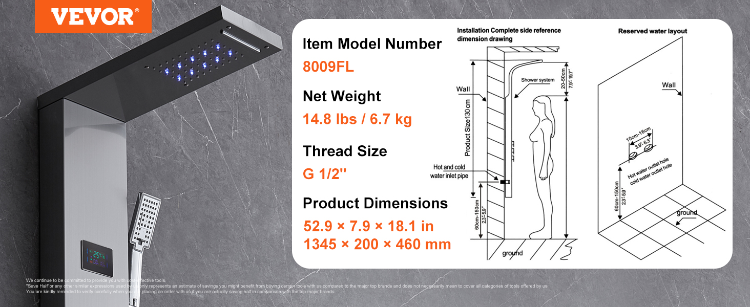 VEVOR shower panel system model 8009fl with led lights, handheld shower, and product dimensions.