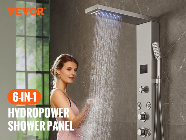 VEVOR shower panel system with led rainfall, handheld showerhead, and body jets for a complete 6-in-1 experience.