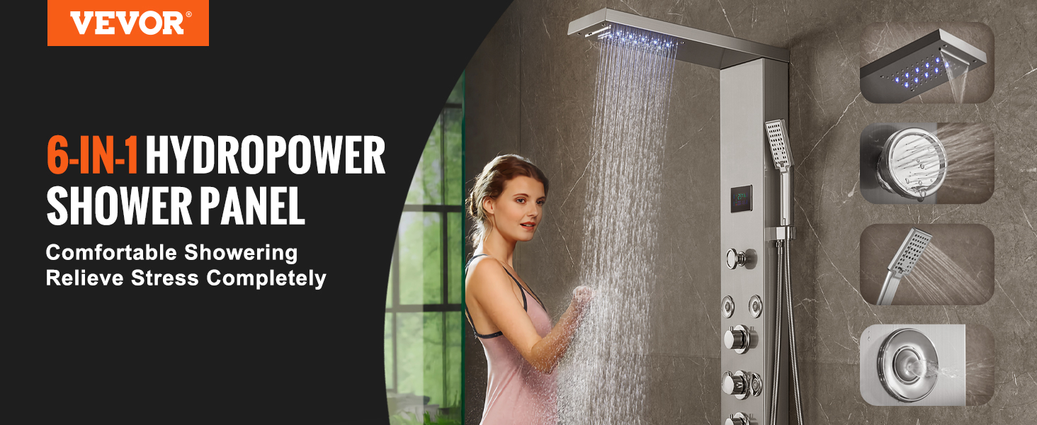 VEVOR shower panel system with led rainfall, handheld showerhead, and body jets for a complete 6-in-1 experience.