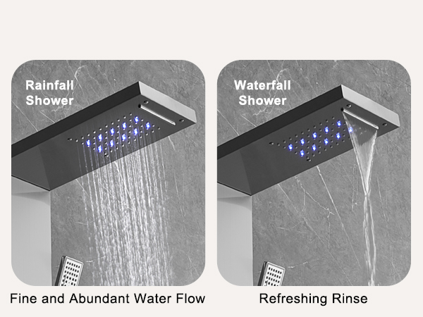 larger 2-mode led shower head with rainfall and waterfall functions on the VEVOR shower panel system.