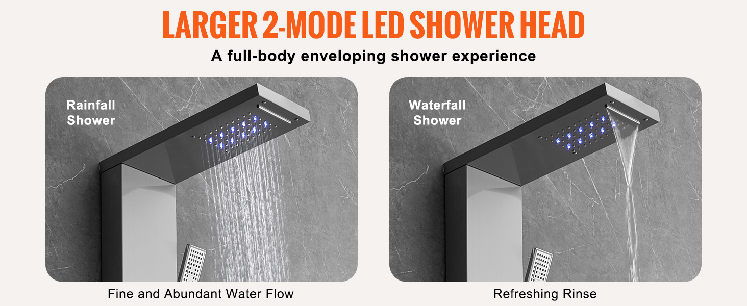 larger 2-mode led shower head with rainfall and waterfall functions on the VEVOR shower panel system.