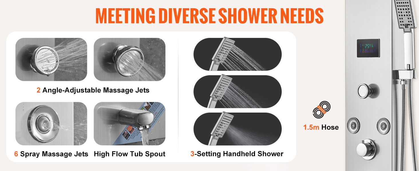 meeting diverse shower needs with VEVOR shower panel system: 8 jets, handheld shower, tub spout, 1.5m hose.