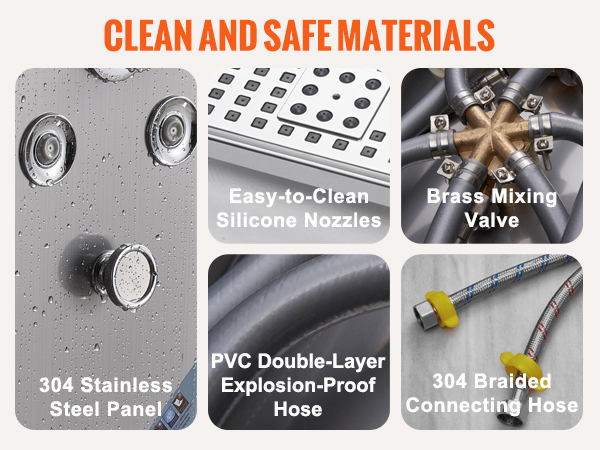 VEVOR shower panel system with stainless steel panel, silicone nozzles, brass valve, pvc hose, and braided hose.