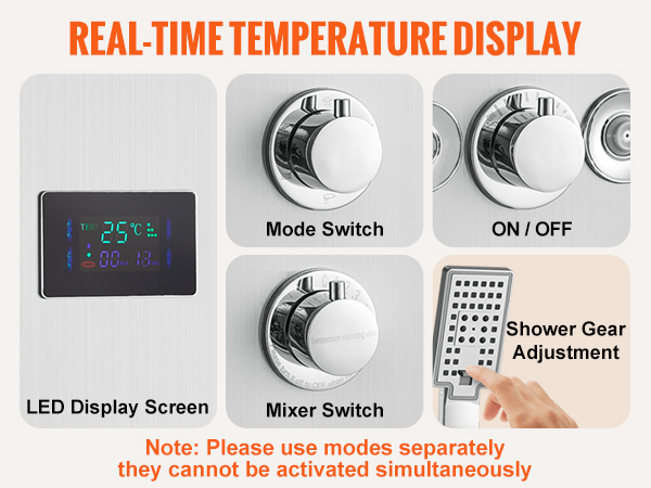 VEVOR shower panel system with led display, mode switch, mixer switch, on/off, and shower gear adjustment.