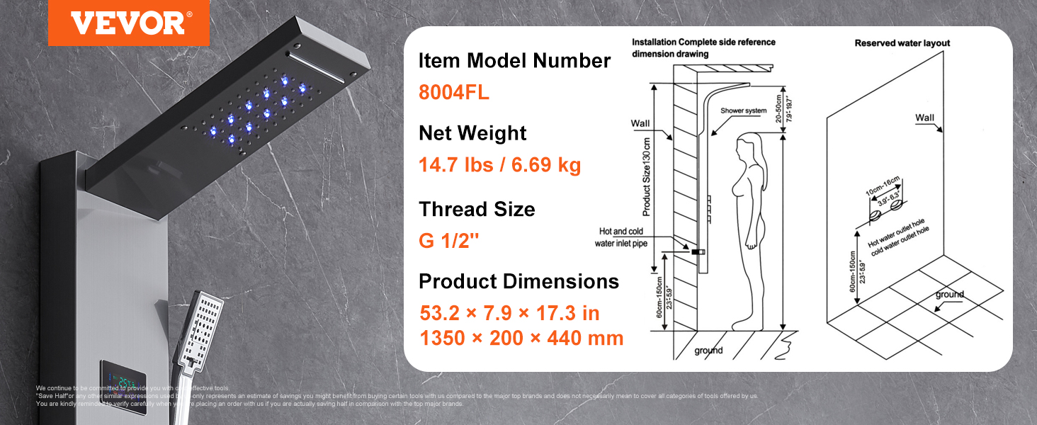 VEVOR dušas paneļu sistēma ar izmēriem 53,2 x 7,9 x 17,3 collas, modelis 8004fl, svars 14,7 lbs.