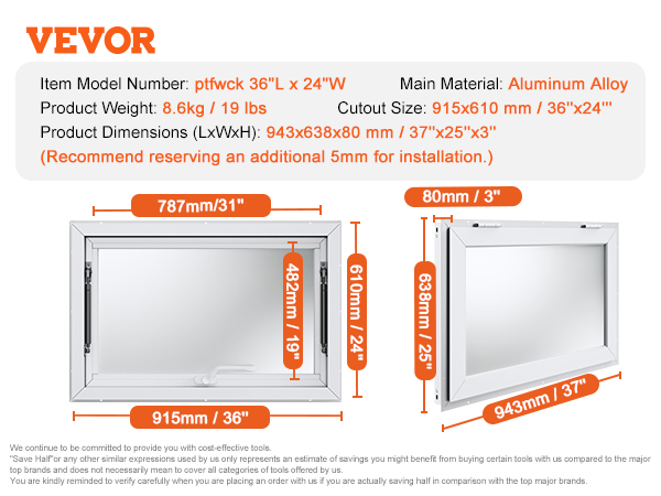 VEVOR concession window, aluminum alloy, 36"x24", 8.6 kg, dimensions 943x638x80 mm, cutout size 915x610 mm.